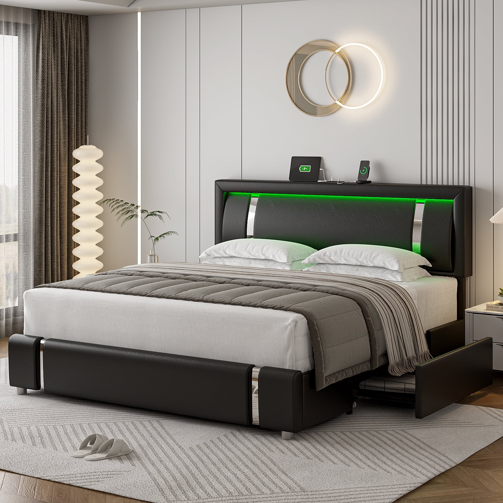Homfa King Size LED Bed Frame with 2 Storage Drawers, Modern Leather