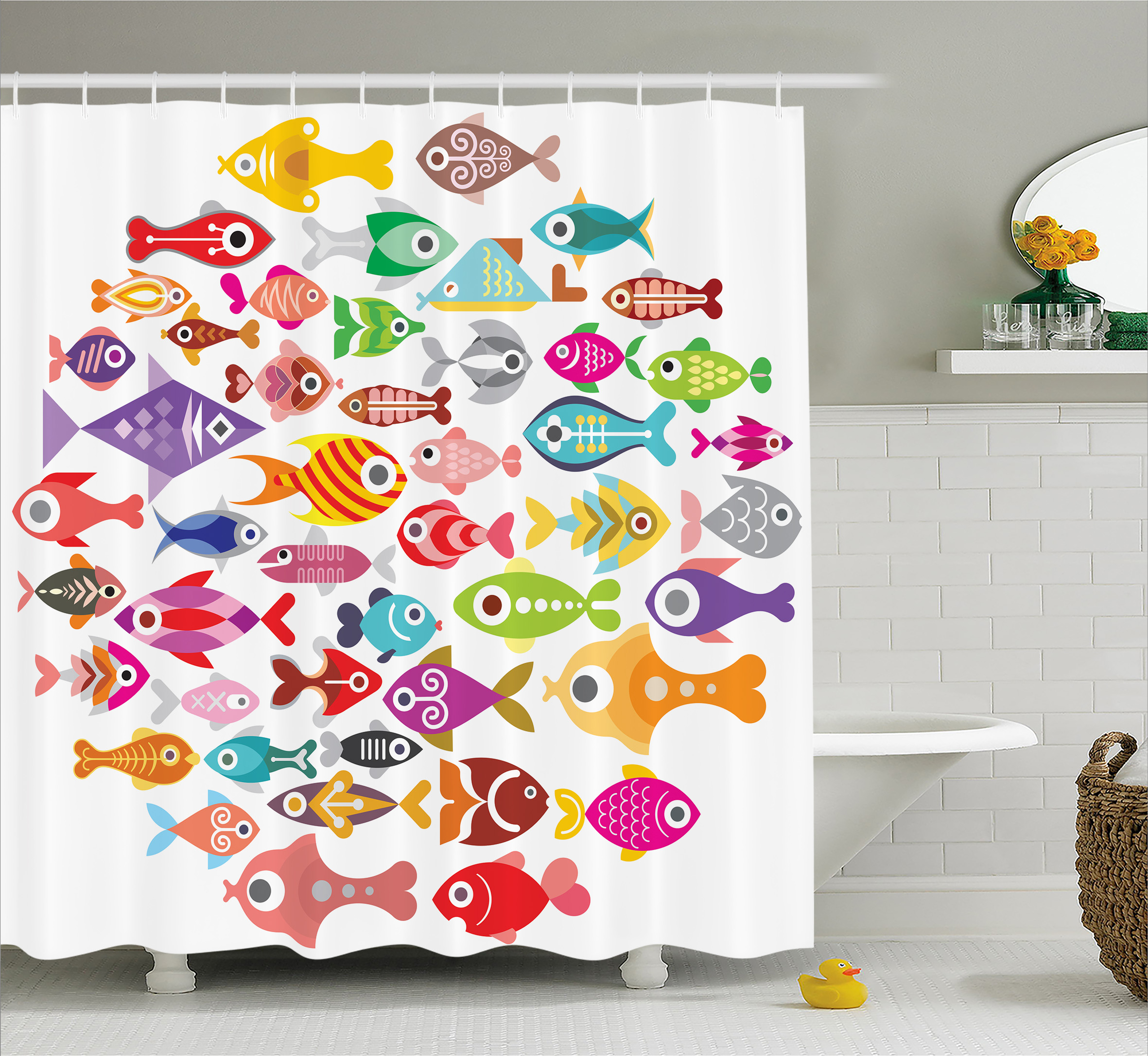 Fish Shower Curtain, Rounded Different Size Type Fish Motifs Underwater