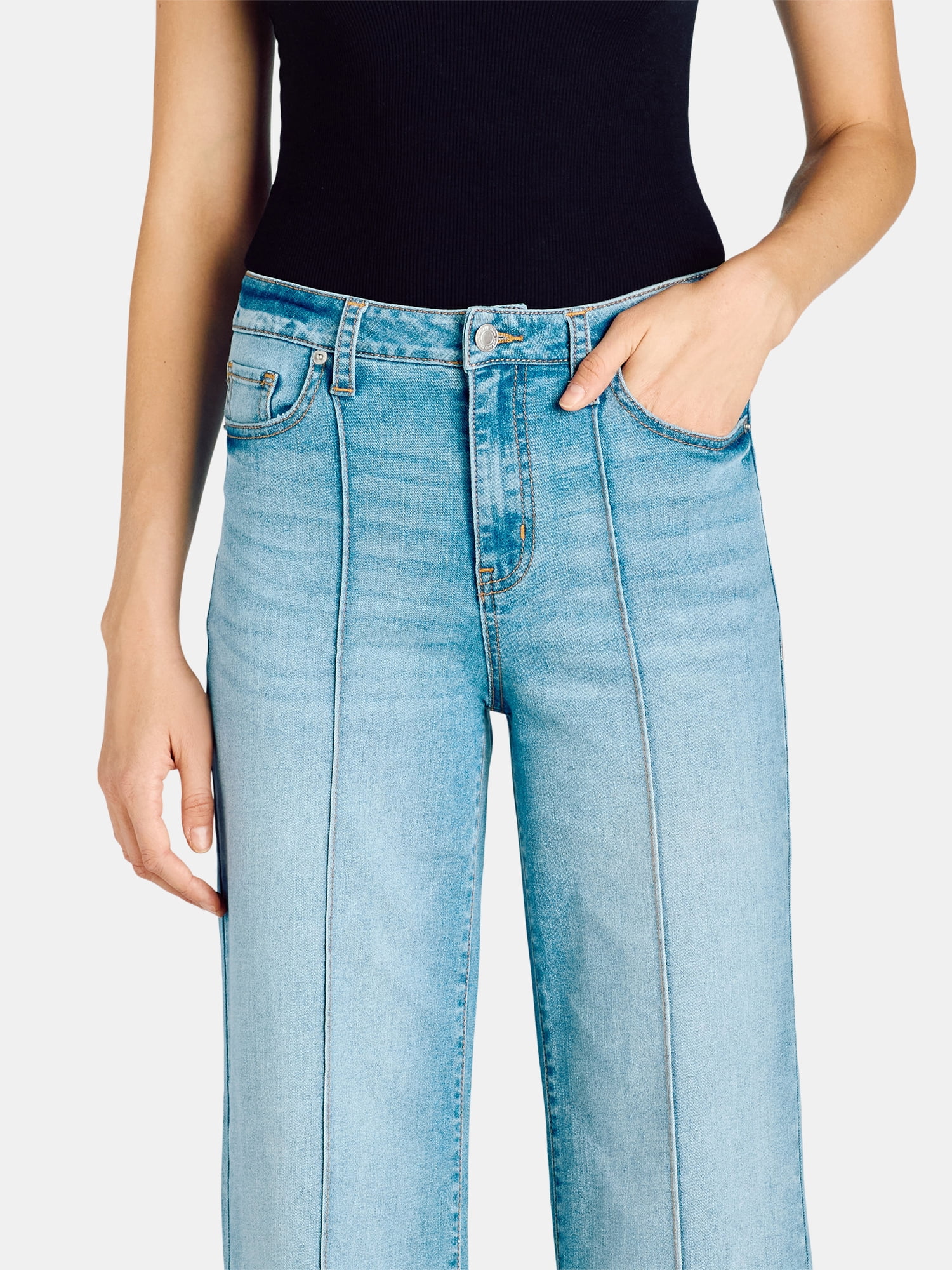 Time and Tru Women's Wide Leg Jeans with Seam Details, Available in Regular, Short, Long Inseams, Sizes 0-22
