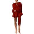 thumbnail image 2 of Elegant Ruffle Short Dress for Women Pleated Lantern Long Sleeve Lace Up Tie Waist Bohemian Beach Dresses Wine Red M, 2 of 8