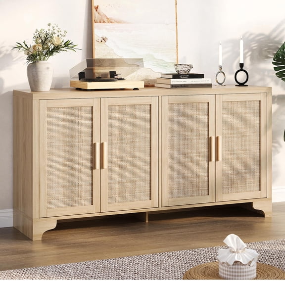 Natural Rattan Storage Cabinet with Shelves, 4-Door Sideboard Buffet Cabinet, Boho TV Stand Console Table for Living Room, Entryway, Dinning Room