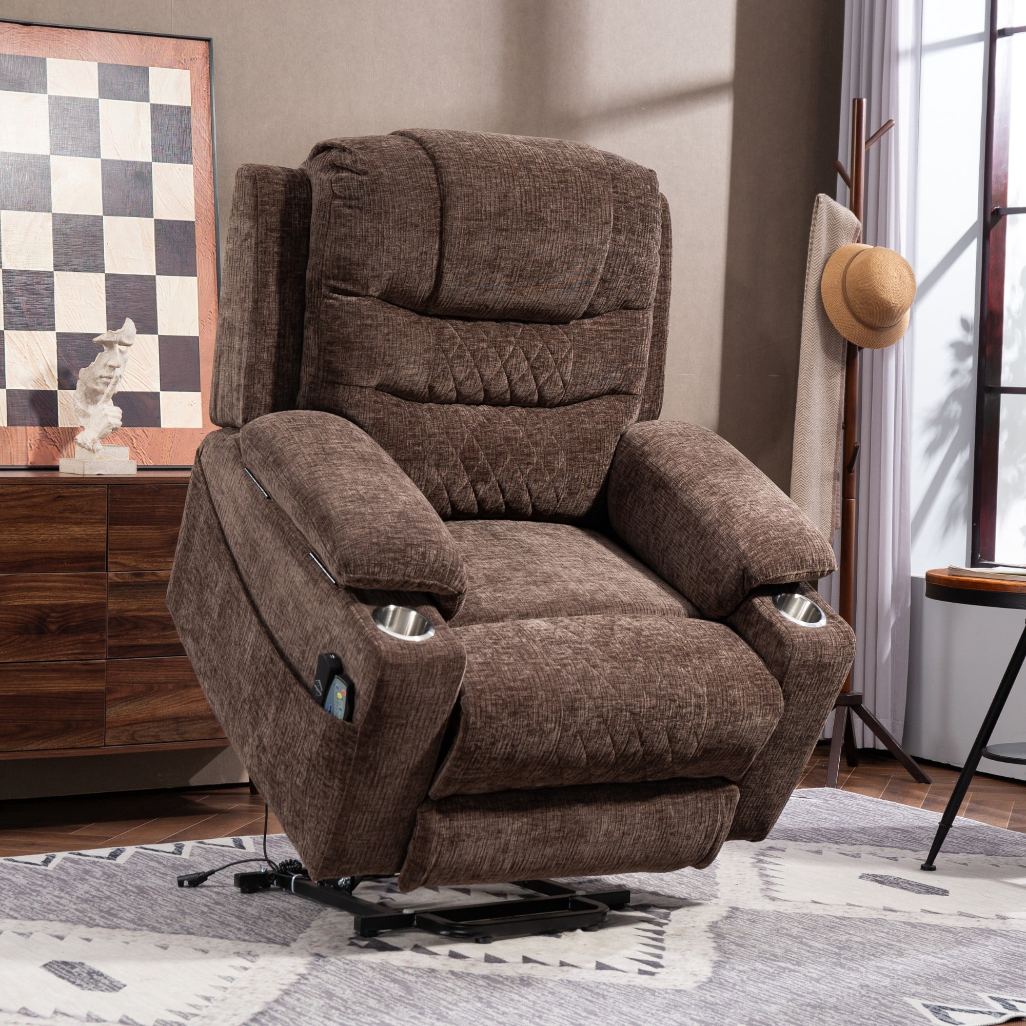 Oversized Recliner Chair 26-inch Wide Seat with Extended Footrest - Power Lift Recliner for Elderly with Heat Massage - Flip Arm Storage Cup Holders 350 lbs