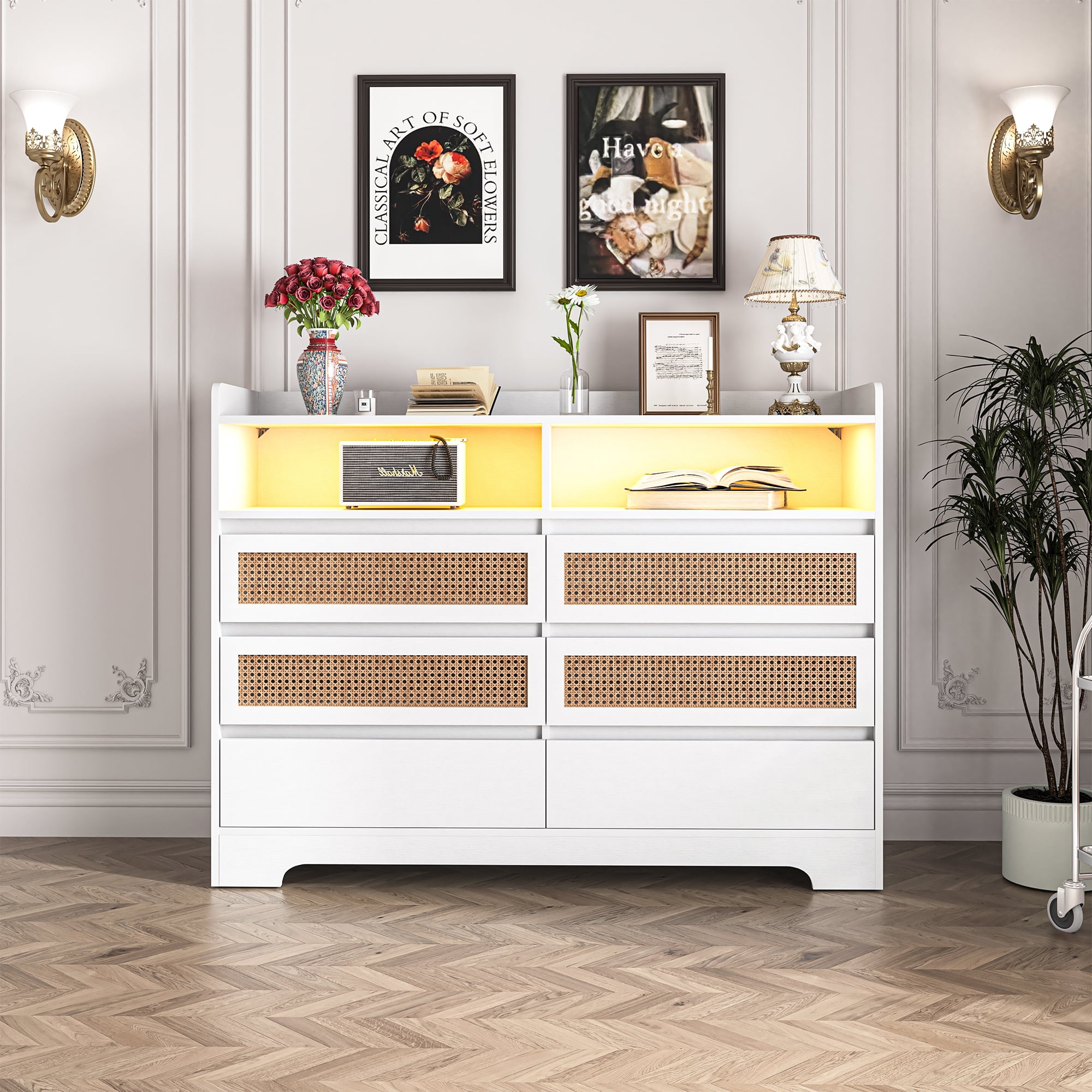 Spaco LED Rattan Dresser for Bedroom 6 Drawers Dresser Chest of Drawer Bedroom Furniture, White Dresser Spaco LED Rattan Dresser for Bedroom 6 Drawers Dresser Chest of Drawer Bedroom Furniture, White Dresser