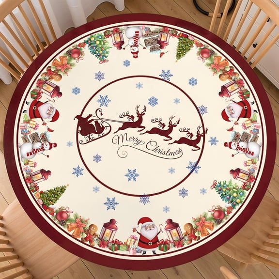 Christmas Round Fitted Tablecloth with Elastic Edge 40-44 Inch Santa Claus Table Cover Snowman Tablecloth Washable Winter Table Cloth for Kitchen Dining Party Patio Picnic