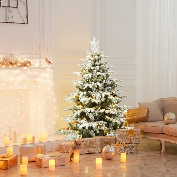 Gymax 4.5ft Snow Flocked Decoration Christmas Tree w/LED Lights & PE & PVC Tips