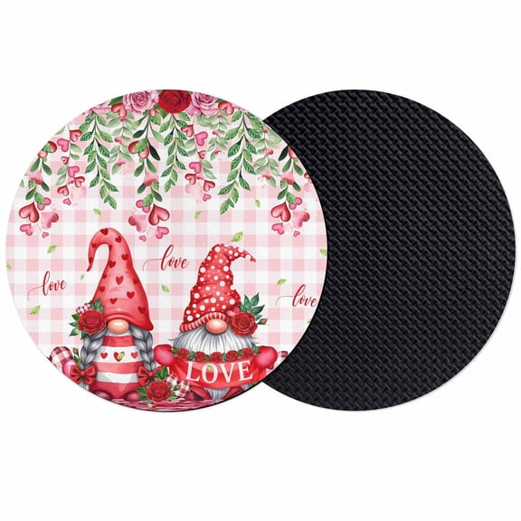 Red Gnomes Coasters Set of 2, Absorbent Coasters for Drinks, Valentine Roses Love Leaves Pink Plaid Coaster for Desk Coffee Table Protection, Home Decor House Warming Gifts 4"