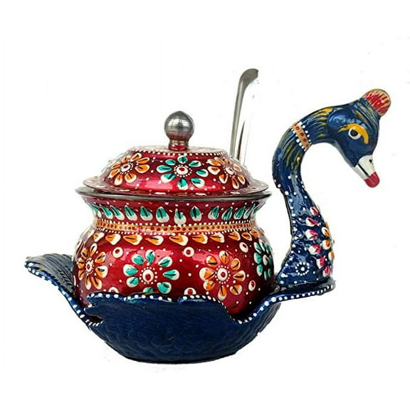 Rastogi Handicrafts Steel Hand Painted Serving Platter Container Kitchen Storage Bowl With spoon and lid Dry Fruit tea sugar pot Diwali Christmas Gifts SIZE - (4X4X6 INCH)