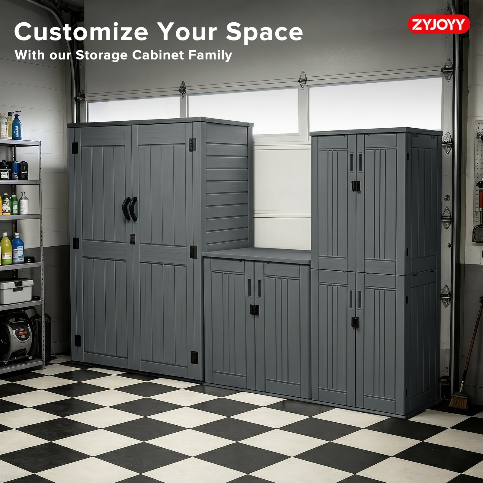 ZYJOYY 60 Cu.Ft Outdoor Resin Storage Shed with Floor & Double Doors, Lockable Waterproof All-Weather Garden Tool Shed for Patio & Backyard, Dark Gray