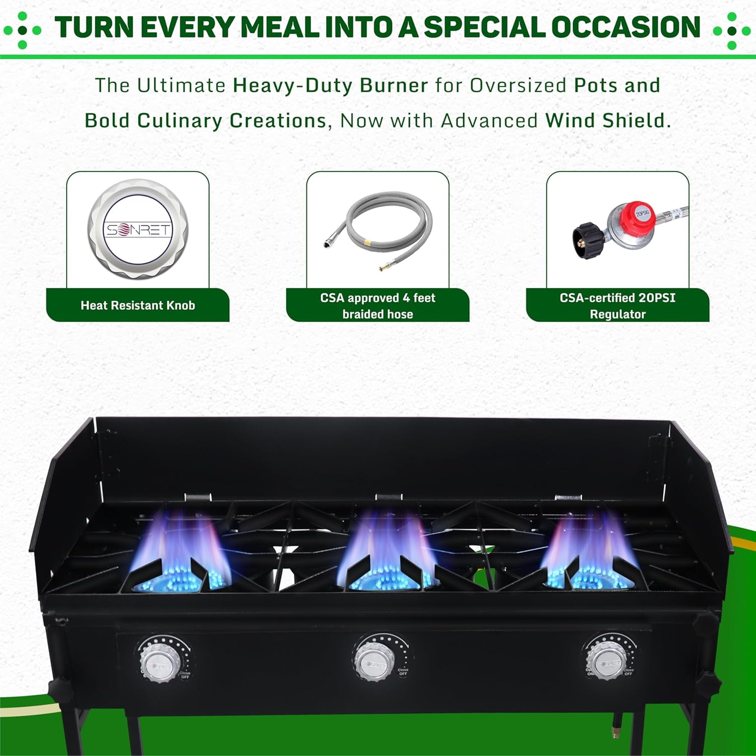 SONRET - Three Burner Propane Outdoor Camping Stove - 2,25,000 High BTU - with Wind Panel