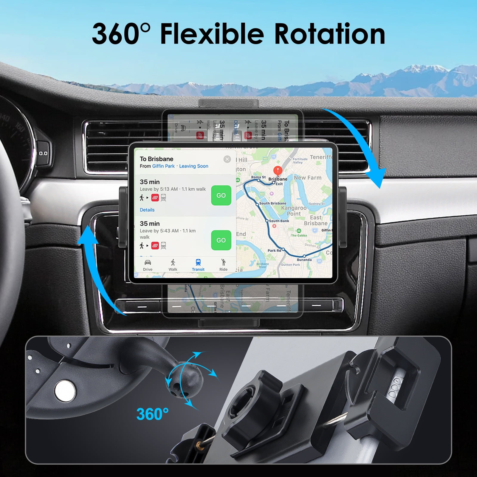 EEEkit 2-in-1 Car Slot Tablet Holder, Universal 360° Rotation CD Player Phone Mount for 4-15in Devices, Black