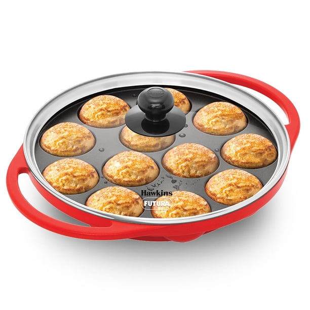 Hawkins Sartén Appe de 26 cm Sartén Paniyaram antiadherente con tapa de vidrio 12 tazas Sartén de cerámica Paniyarakkal Sartén Litti Sartén Kuzhi Paniyaram Sartén Ponganalu Rojo (NAPE26G)