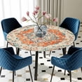 thumbnail image 3 of Orange Beige Boho Round Fitted Tablecloth with Elastic Edge, Waterproof Table Cloth Table Cover for 55"-60" Tables, Vintage Ethnic Abstract Art Floral Tablecloths for Dining Picnic Indoor Outdoor, 3 of 9