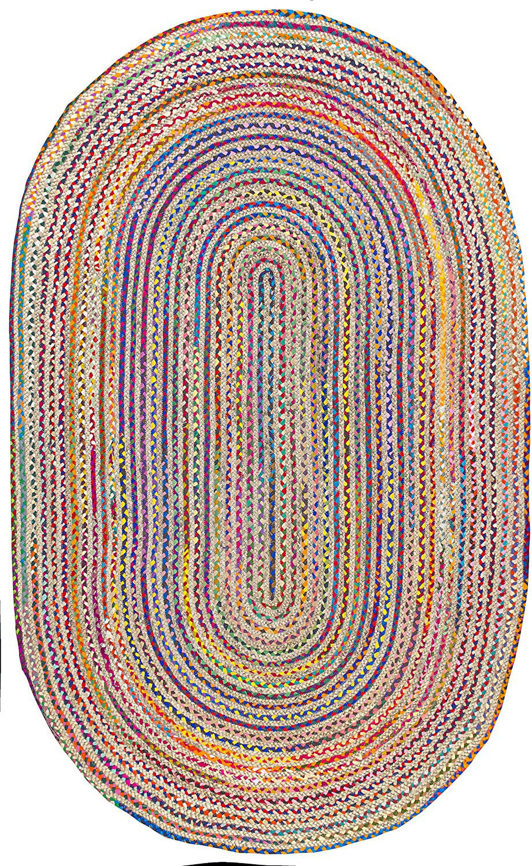 Indian Handmade Braided Multi Color Cotton with Natural Jute Oval Shape Area Rugs , Floor Decor Carpet Size 5 x 8 Feet ( 150 cm x 240 cm )
