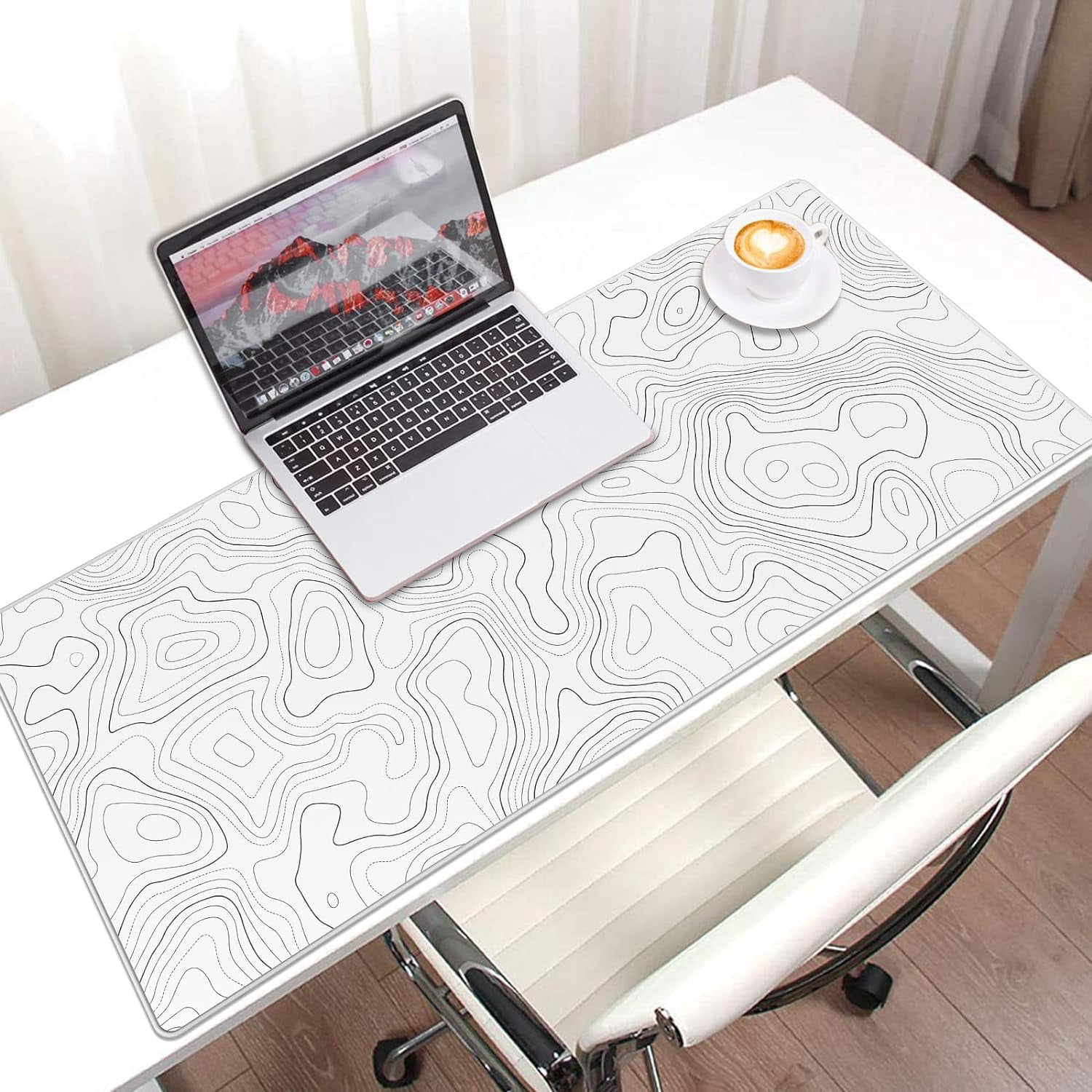 White Topographic Large Gaming Mouse Pad, XXL Mousepad, Big Mouse Mat Desk Pad for Keyboard and Mouse, Gaming Computer Laptop PC Desk Office Accessories