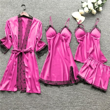 FUNUONY Big Sale! Women s Satin Silk Pajamas Set 4Pcs with Robe Lace Trim Shorts Lounge Sets Pants Sleepwear Lace Silk Women Dress Sleepwear Sleepwear Robe Nightdress Set Pajamas Hot Pink 4Xl