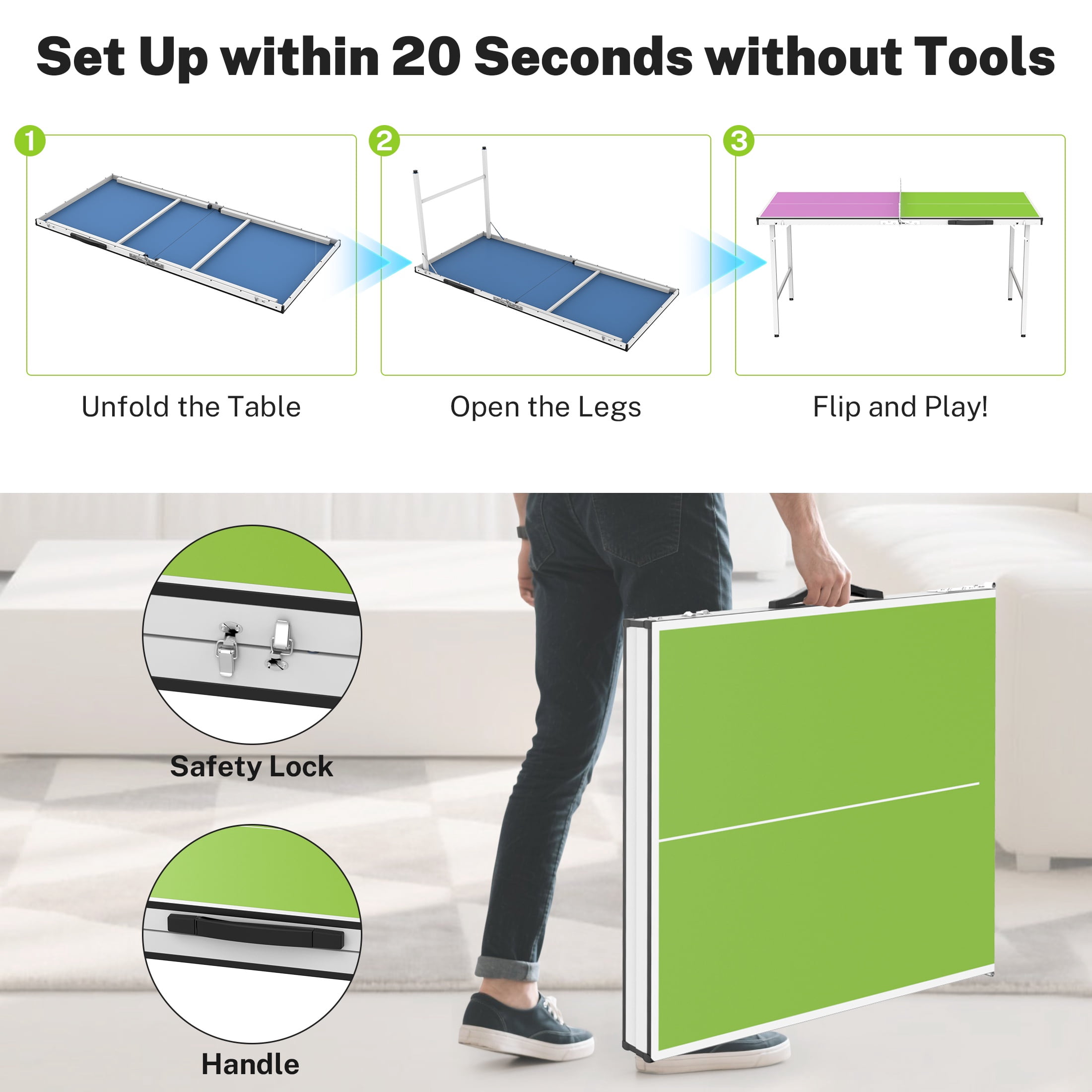 5ft Foldable Table Tennis Table, SEGMART Foldable Portable Ping Pong Table with Net, 2 Ping Pong Paddles, 3 Balls for Adults and Kids, Portable Table Tennis Set, Game Table for Indoor Outdoor Games