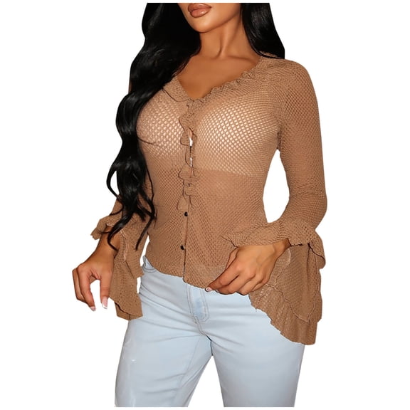 GigrtiJin Women Long Sleeve Tops Fashion Knit V-Neck Hollowed Shirt Tops Flared Sleeve Button T-Shirts Casual Comfy Top