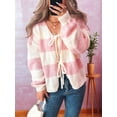 thumbnail image 6 of Women'S Loose Casual V-Neck Long-Sleeved Sweater Jacket Striped Contrast Lace-Up Knitted Cardigan Pink XL, 6 of 8