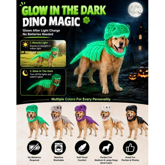Pet Dinosaur Costume, Soft Plush T-Rex Skeleton Halloween Costume for Dogs Glow-in-the-Dark