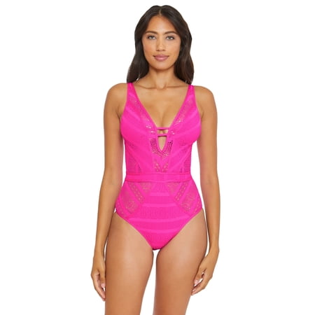 BECCA by Rebecca Virtue Color Play Crochet Plunge One-Piece Pink Flambe SM