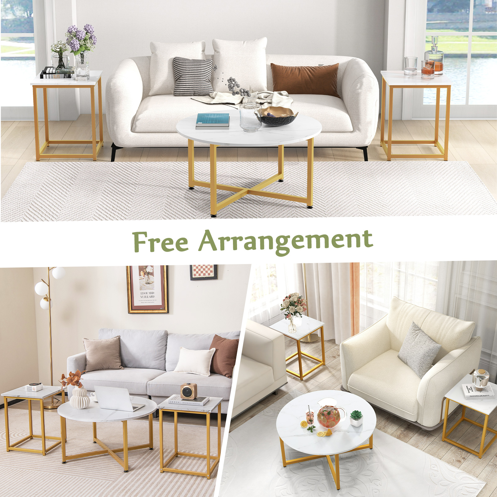 Giantex Round Nesting Table Set of 3, Modern Faux Marble Coffee Table w/2 End Tables, 3-Piece Wooden Living Room Table Set for Home Office
