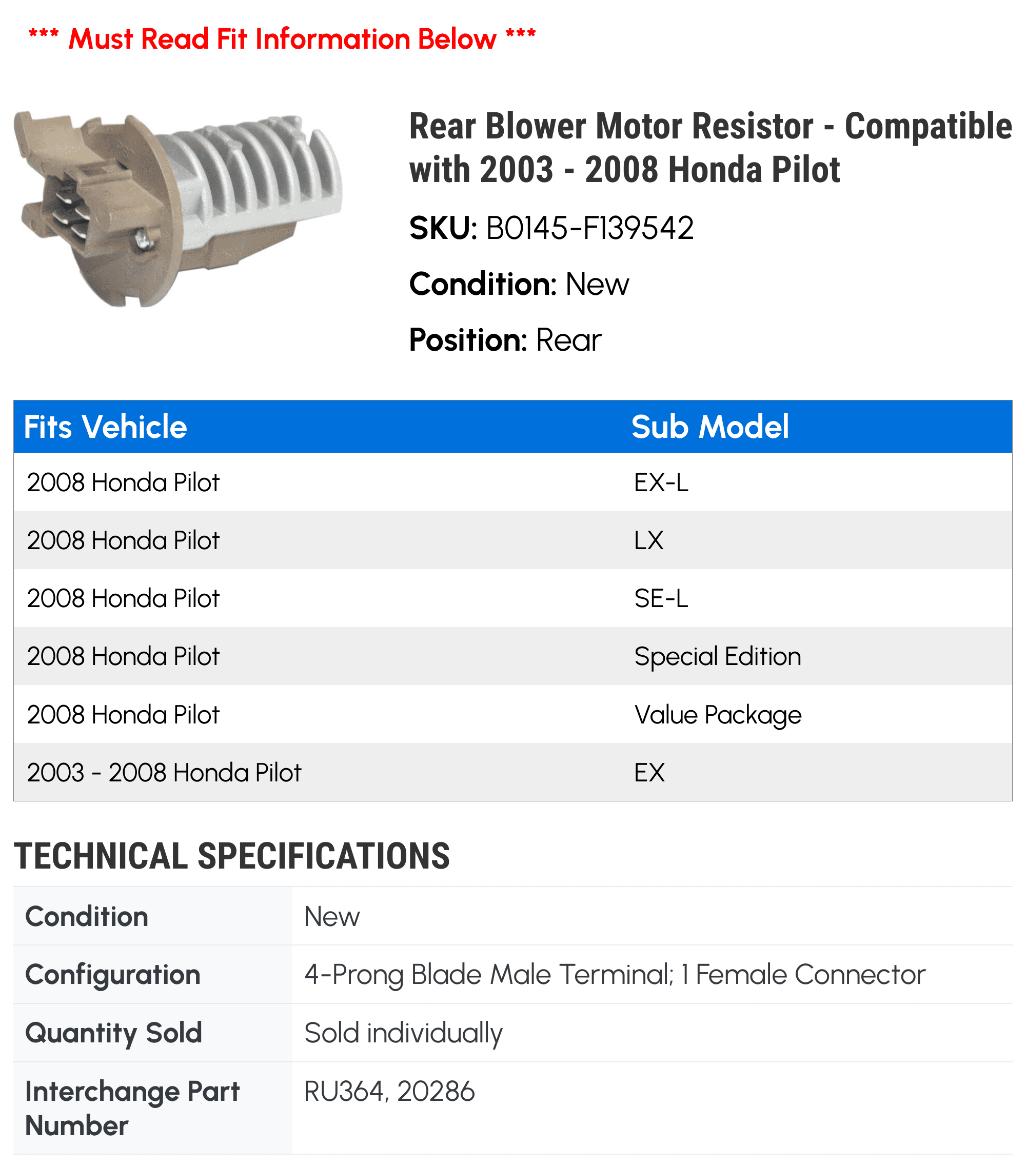 Rear Blower Motor Resistor - Compatible with 2003 - 2008 Honda Pilot 2004 2005 2006 2007
