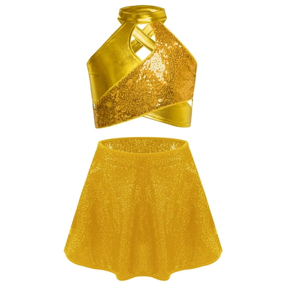 TTAO Cross Keyhole Girls Dance Set Sparkly Sequins Metallic Crop Top Sequin Skirt for Kids Jazz Latin Performance Gold 14