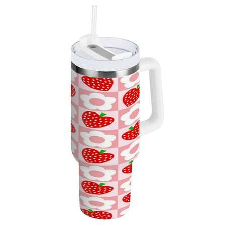 

40oz Travel Mug with Straw Car Bottle Insulated Mug with Handle Reusable Stainless Steel Water Bottle for Car Travel Home Strawberry Flower