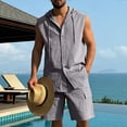 thumbnail image 2 of HBGVBA Mens Summer Set Solid Color Loose Linen Pocket Elastic Waist Shorts Button Hooded Tank Top Shirt 2 Piece Beach Set, 2 of 5