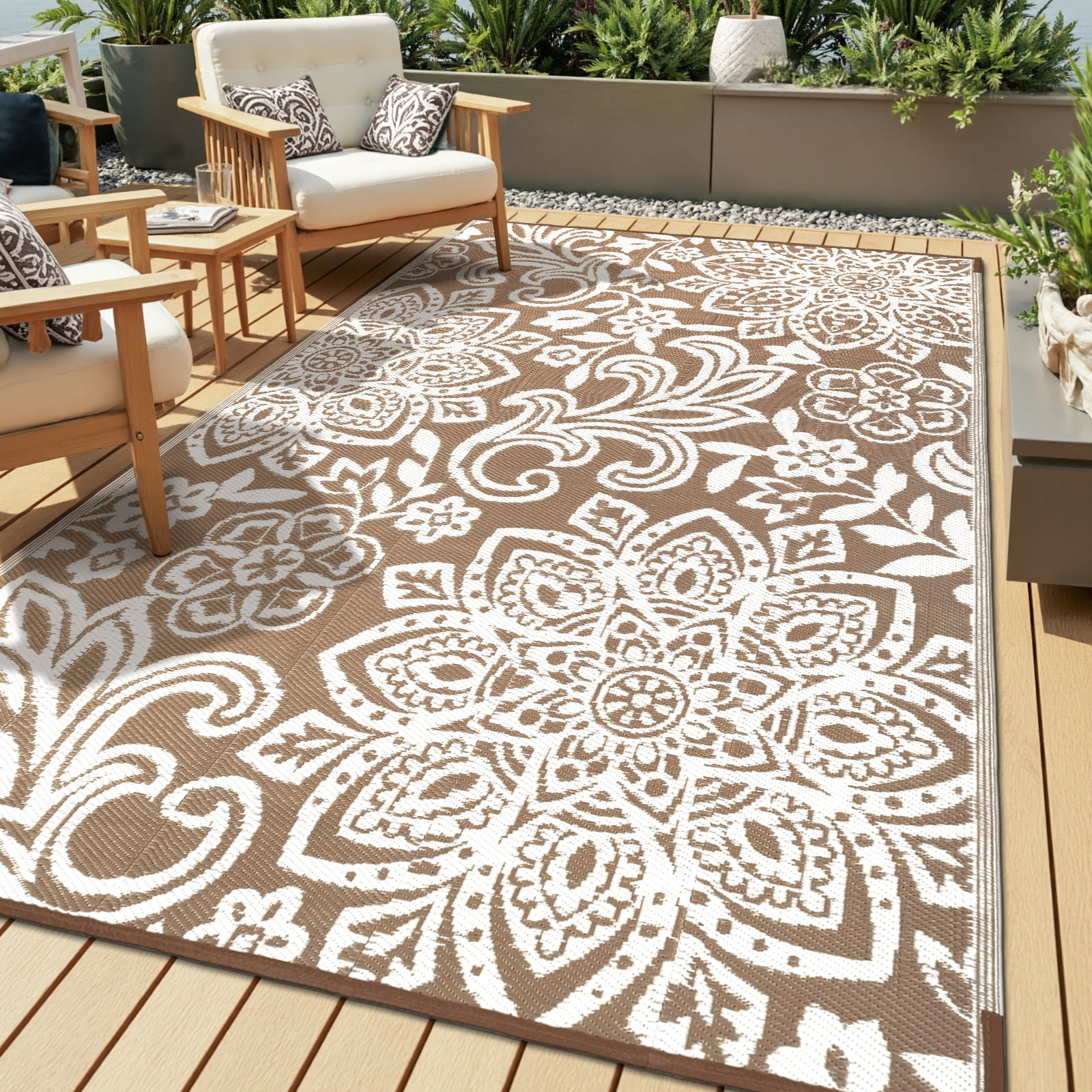 MJIAexp 6'x9' Brown Outdoor Rug Patio Rug Waterproof RV Outdoor Rug Camping Rugs Reversible Plastic Straw Rug Large Outdoor Mat for Camping, Balcony Apartment, Patio, Porch, Picnic, Beach