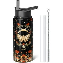 Goth Gifts 18oz Sport Water Bottle with Flip Straw & Spout Lid, Gothic Poppy Moth Stainless Steel Insulated Gym Water Bottle, Mushroom Moon Gifts for Women Men (1 PC)