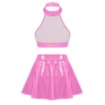 thumbnail image 4 of YONGHS Women's Shiny Metallic Halter Neck Crop Top + Mini Skirt Two Piece Rave Outfits Set Hot Pink L, 4 of 7