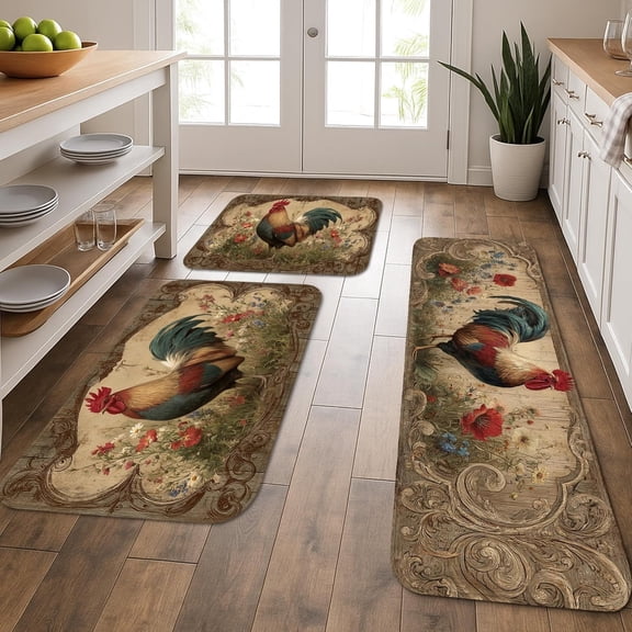3 Piece Farmhouse Rooster Kitchen Rug Set, Sunflower Chicken Kitchen Decor Mats (16x24 20x31 17x47), Non-Slip Vintage Rooster Kitchen Rugs for Floor, Washable Country Style Runner and Rug Set