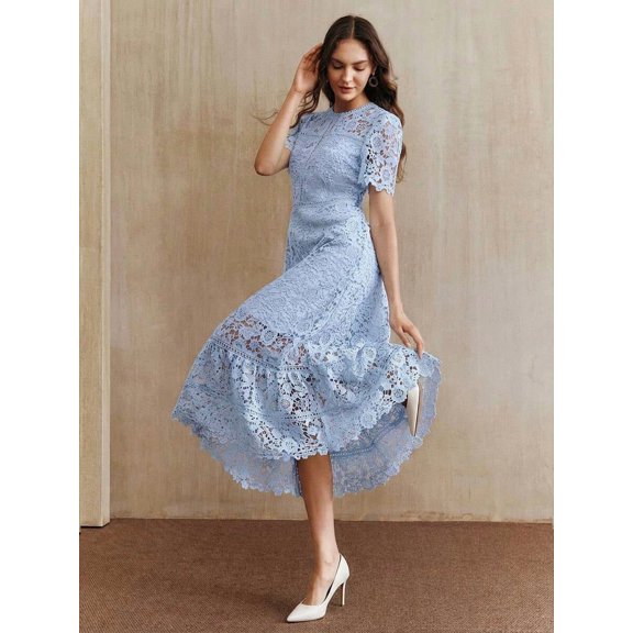 Sky Blue Lace Midi Dress With Short Sleeve And High-Low Ruffled Hem