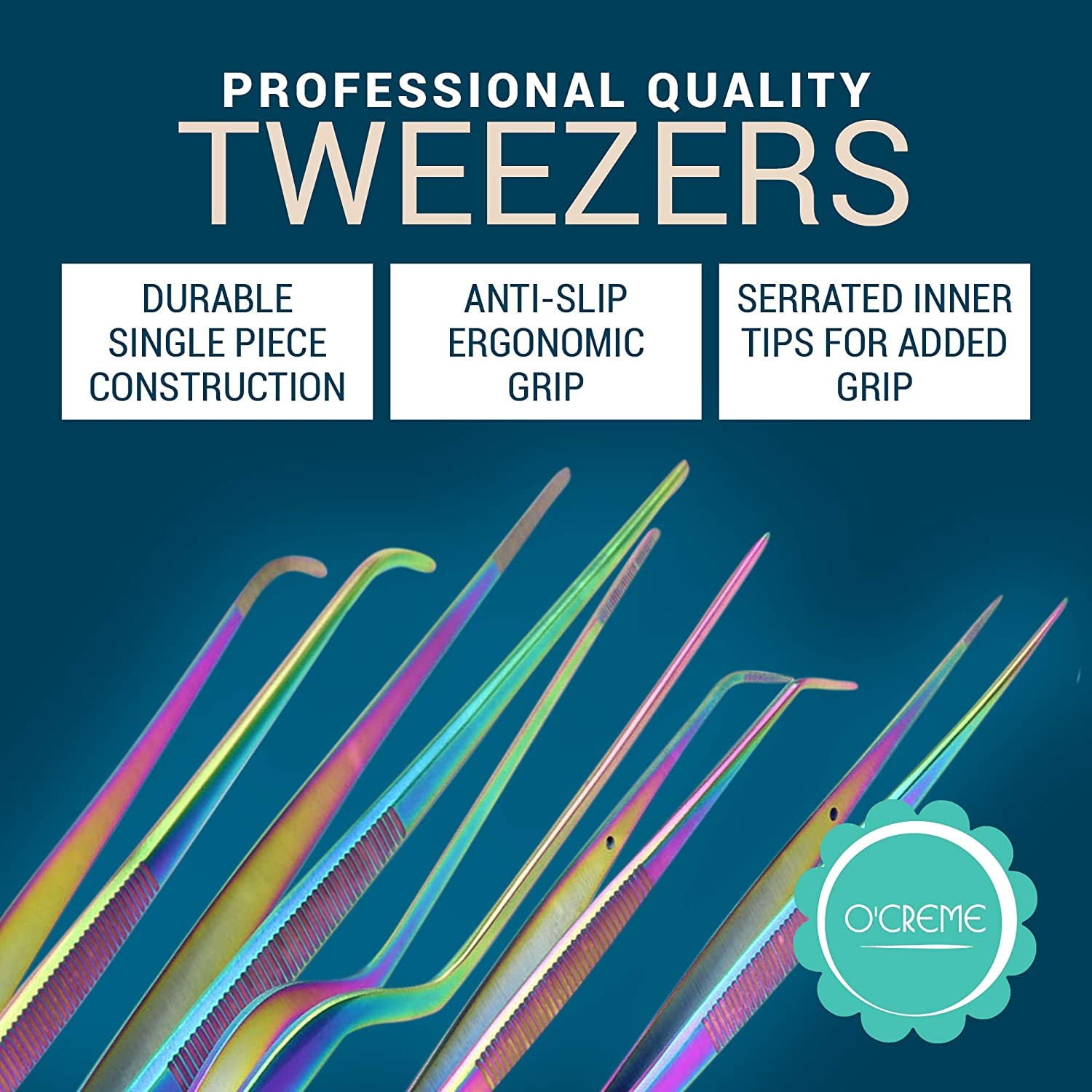 O'Creme Set of Culinary Tweezer Tongs Offset, Straight and Curved, Plus Super Sharp Chef Scissors, Total 6 Pieces Multicolored