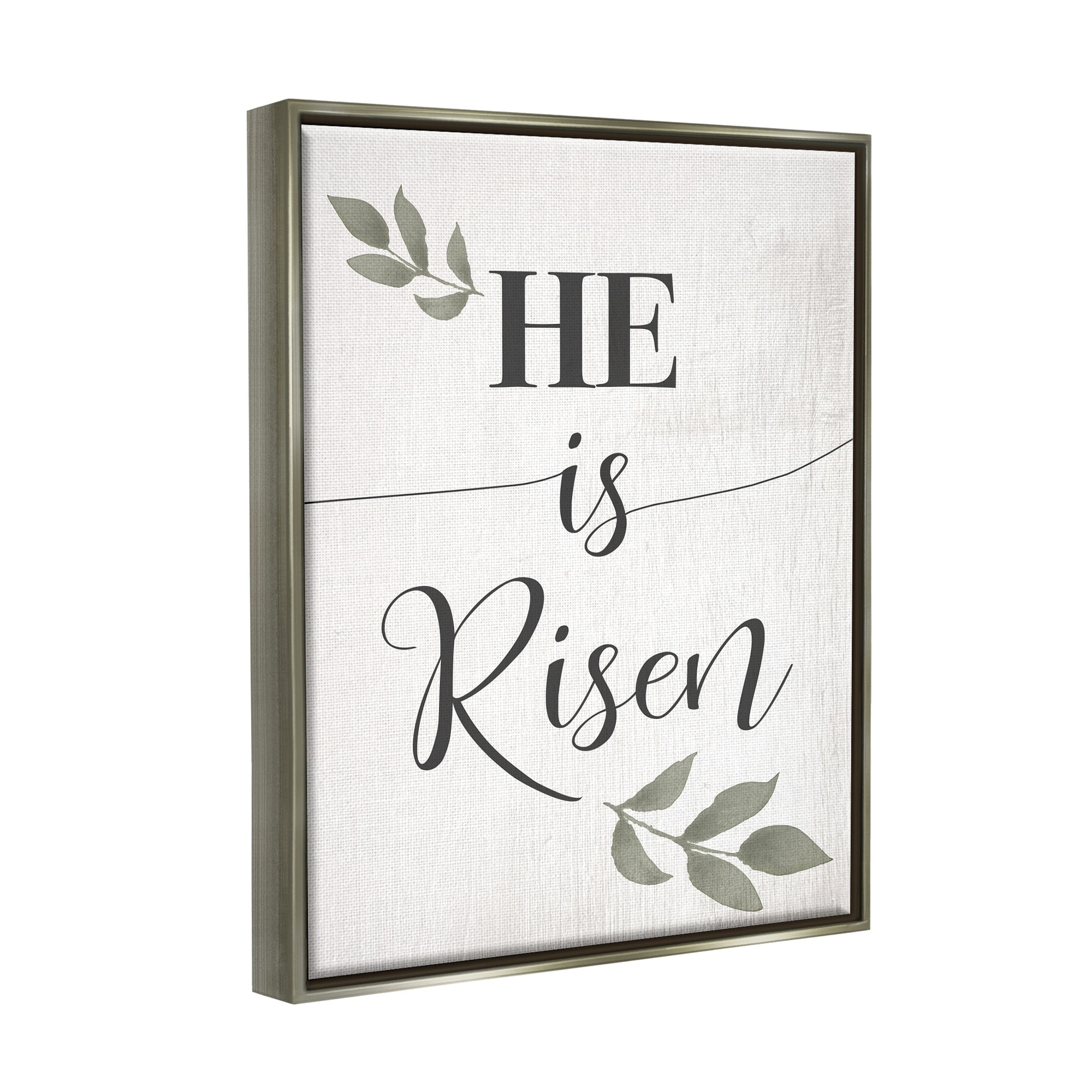 Stupell Industries He Is Risen Faith Phrase Green Country Leaves Luster Gray Framed Floating Canvas Wall Art, 24x30, by Daphne Polselli