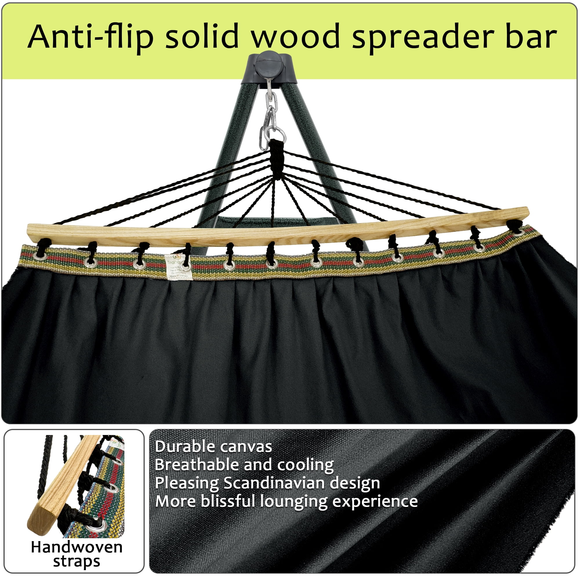 Tranquillo Ultimate Relaxation Portable&Foldable Hammock Stand, Hammock Net Canvas with Spreader Bar, Quick Fold Unfold in 30 Seconds Steel Frame Hammock 600 lbs Capacity, Green Frame/Black