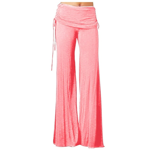 Timegard Plus Size Pants for Women Wide Leg Ruched Drawstring Flare Leggings Casual Comfy Trousers