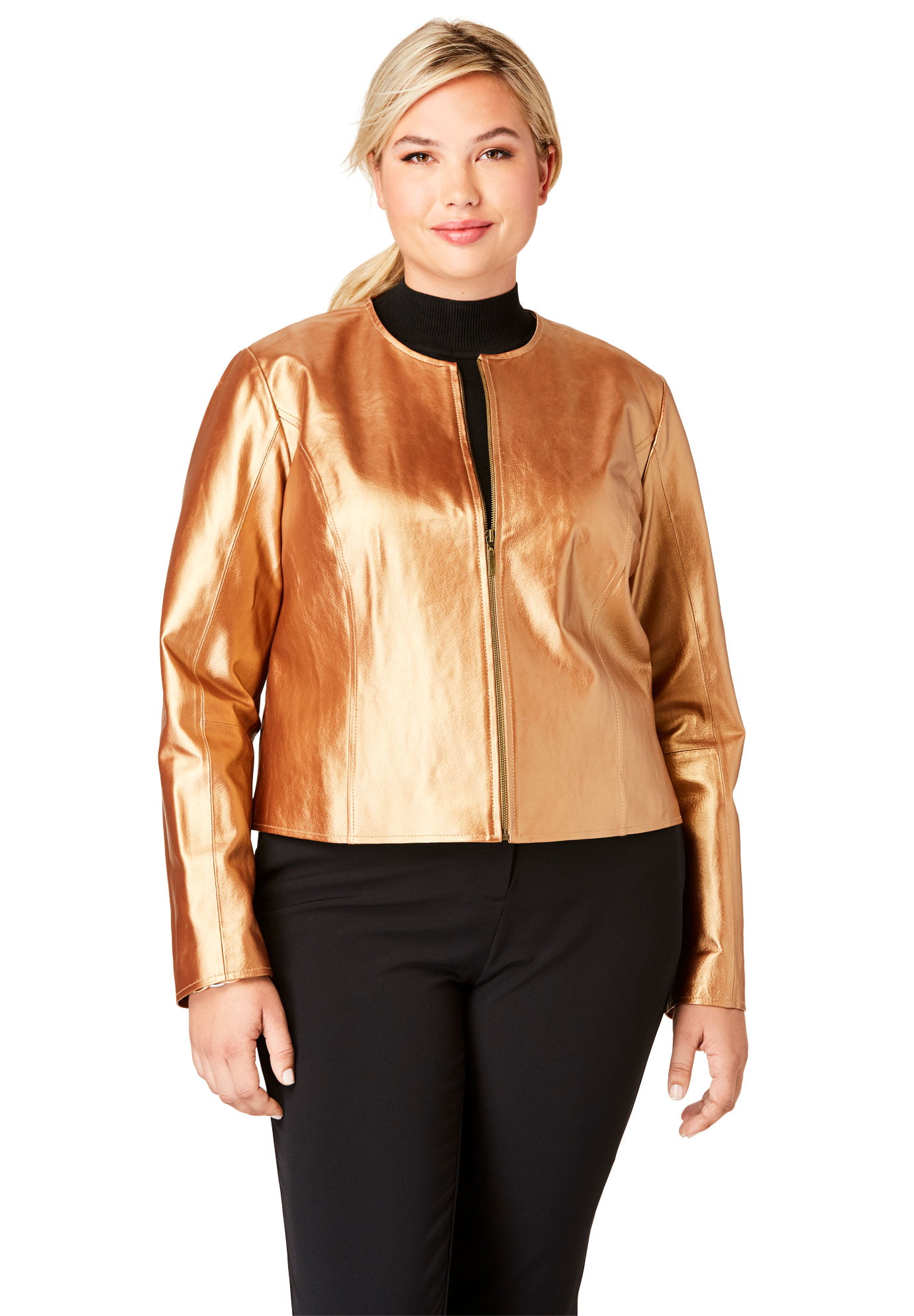 Jessica London Womens Plus Size Collarless Leather Jacket