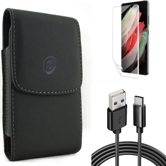 6ft USB Cable & Matte Screen Protector & Case Belt Clip for Samsung Galaxy S22 Plus (S22 ) - Combo Type-C Charger Cord Power & TPU Film Anti-Glare & Leather Holster Cover