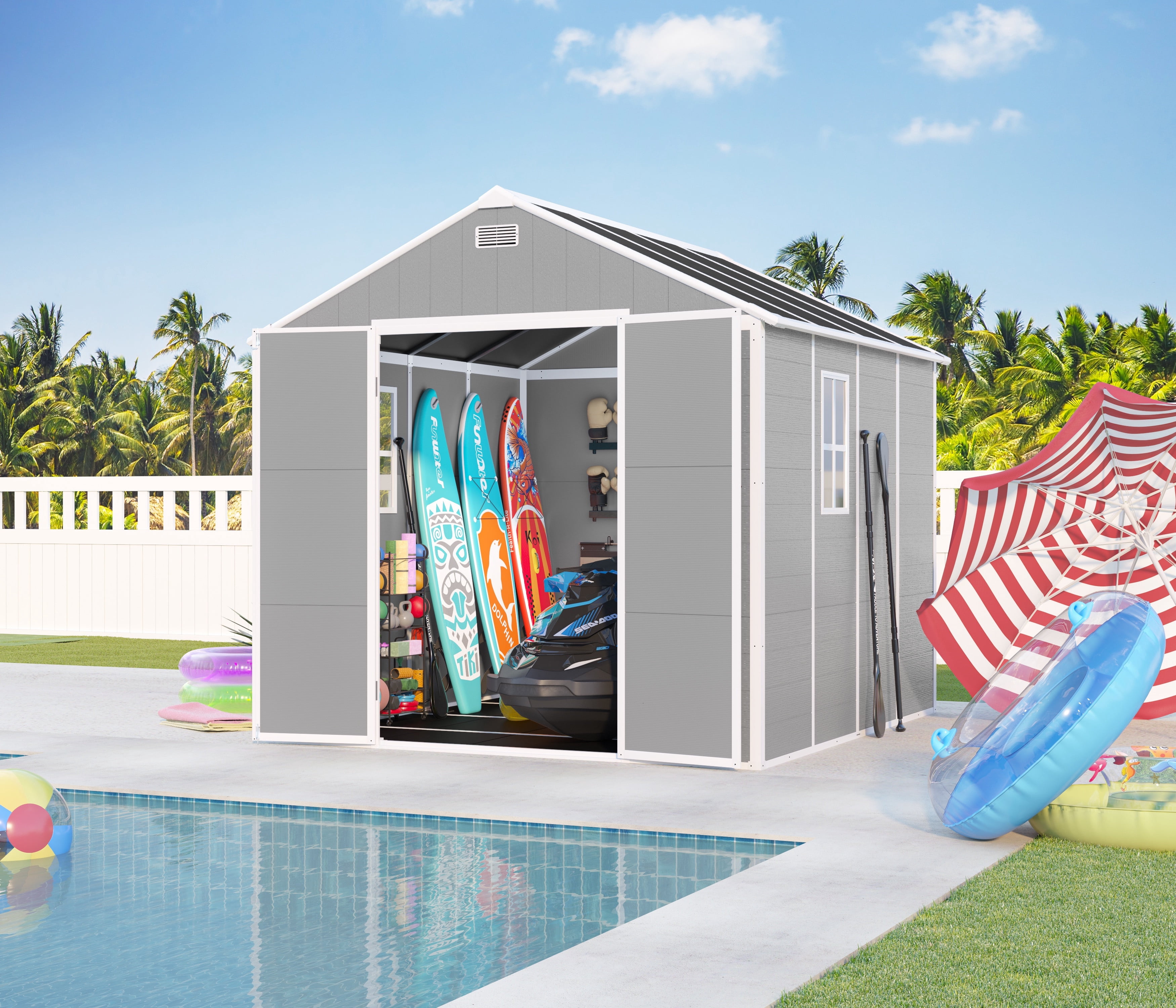 Seizeen Resin Shed, Outdoor Storage Shed 7.15 x 8.26FT Extra Large, Outside Garden Shed for Lawn Mover Bike Tool, w/Double Doors, Air Vents, Double Windows, PP Floor