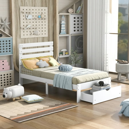 Twin Bed with Drawers, Kids Platform Twin Bed with Storage, No Box Spring Needed, Wood Beds for Kids Teens Adults Living Room Bedroom, White + Twin Size
