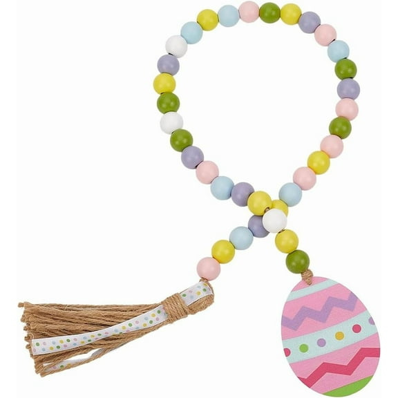 Easter Beads Garland Wood Bead Garlands Spring Holiday Colorful Egg Boho Farmhouse Rustic Jute Rope Tassels Hanging Pendant Ornament for Tiered Tray Wall Easter Party Home Room Decorations for DIY