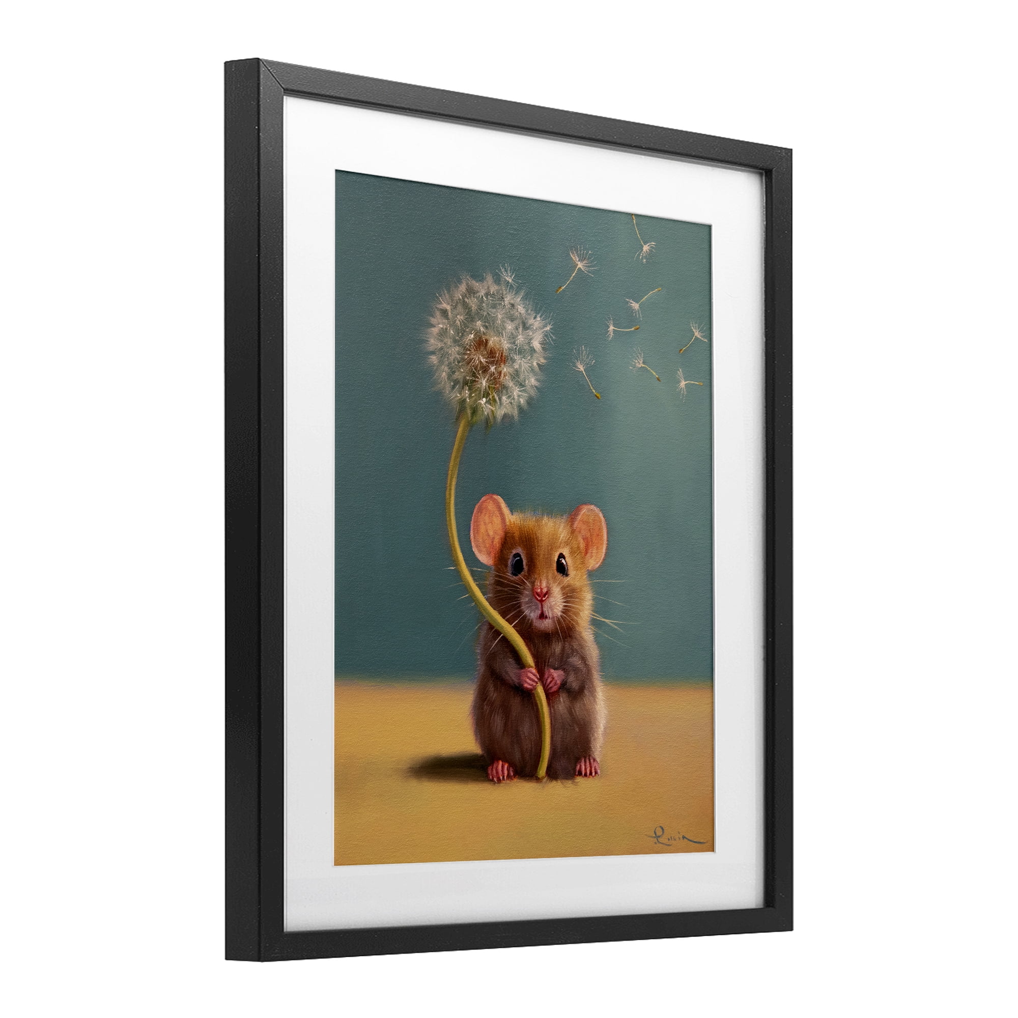 Tiny Wishes Mouse & Dandelion Black Framed Print Under Glass, design by Lucia Heffernan