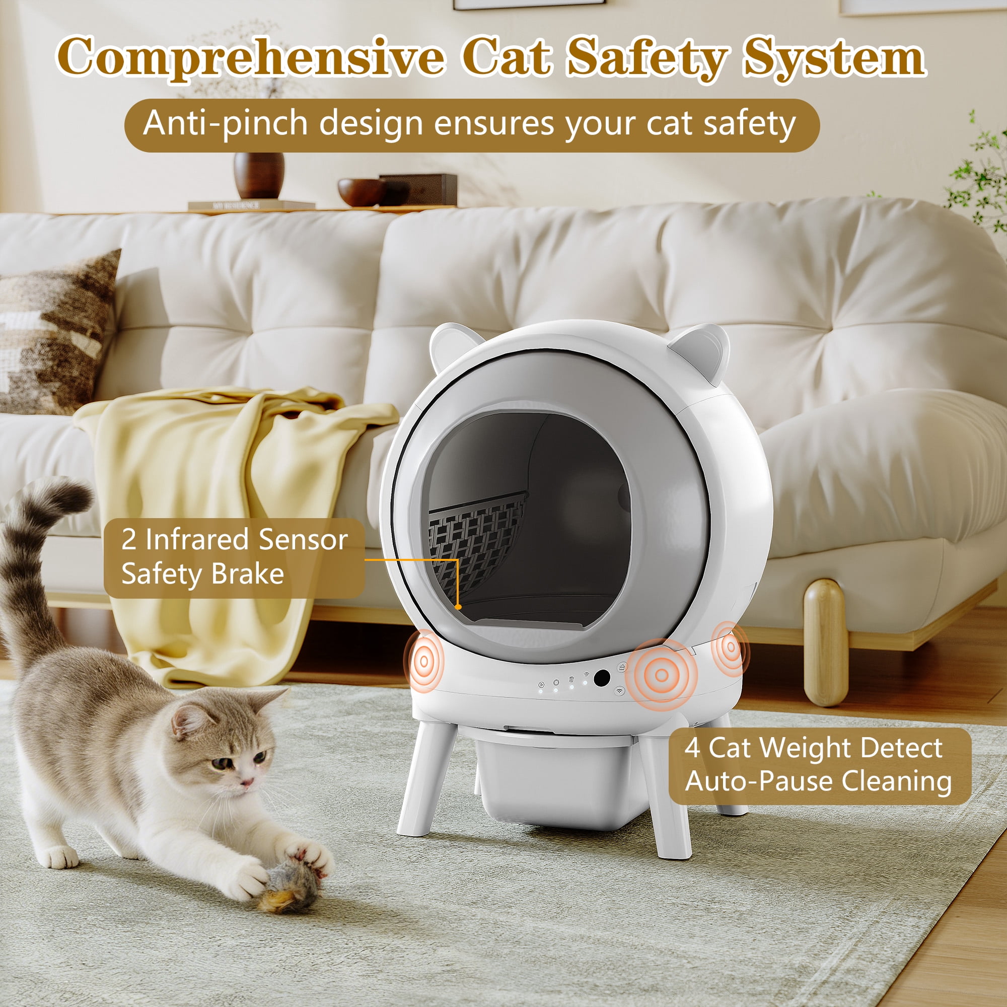 HLR 70L Smart Automatic Self-Cleaning Cat Litter Box, APP Control/Integrated Safety Protection, Cat Ears Design, White