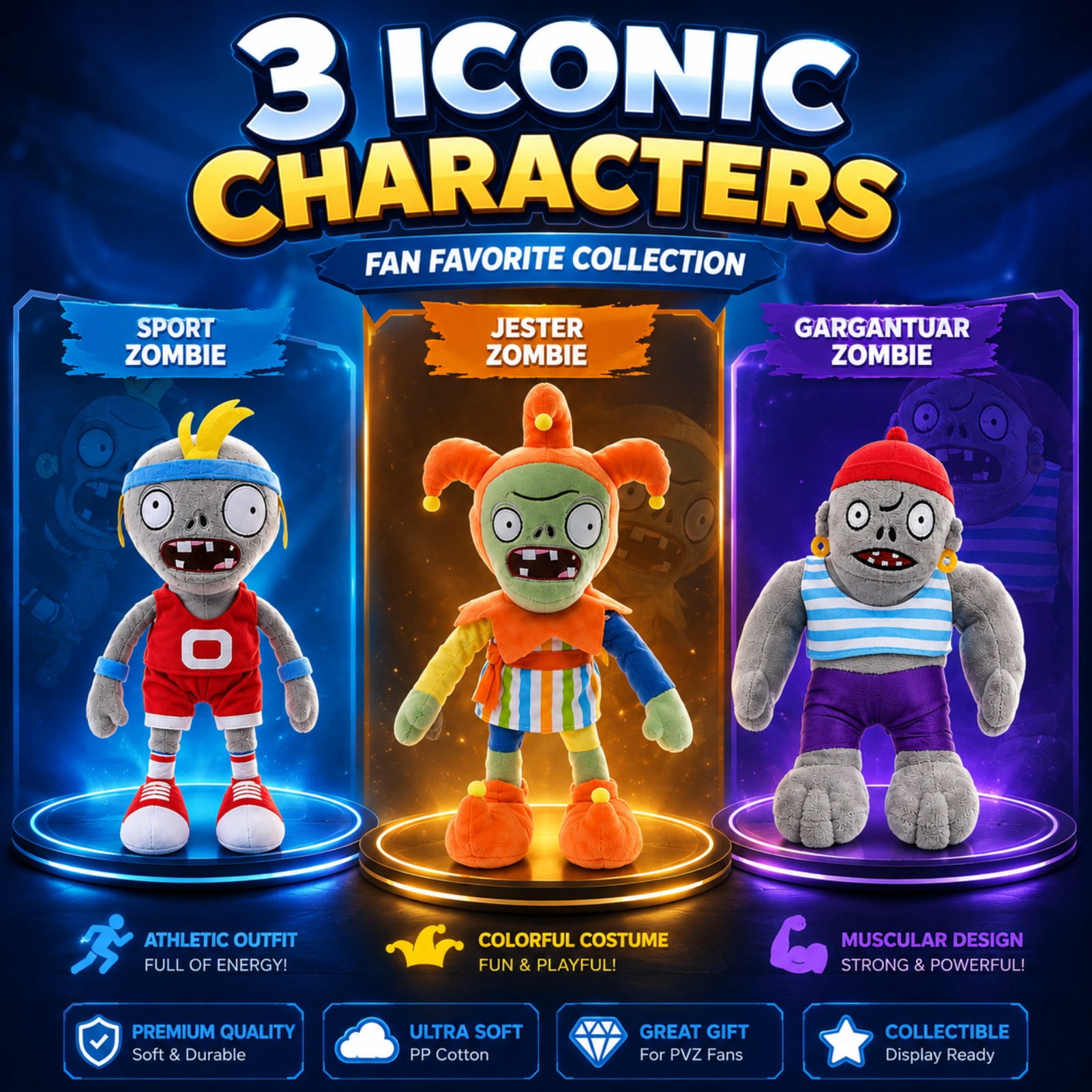 3Pcs Plants vs Zombies Plush Toys Zombie Sport Jester Gargantuar Zombie,Soft Figure Doll Plants vs Zombies Toys PVZ Plush 1 2 Set
