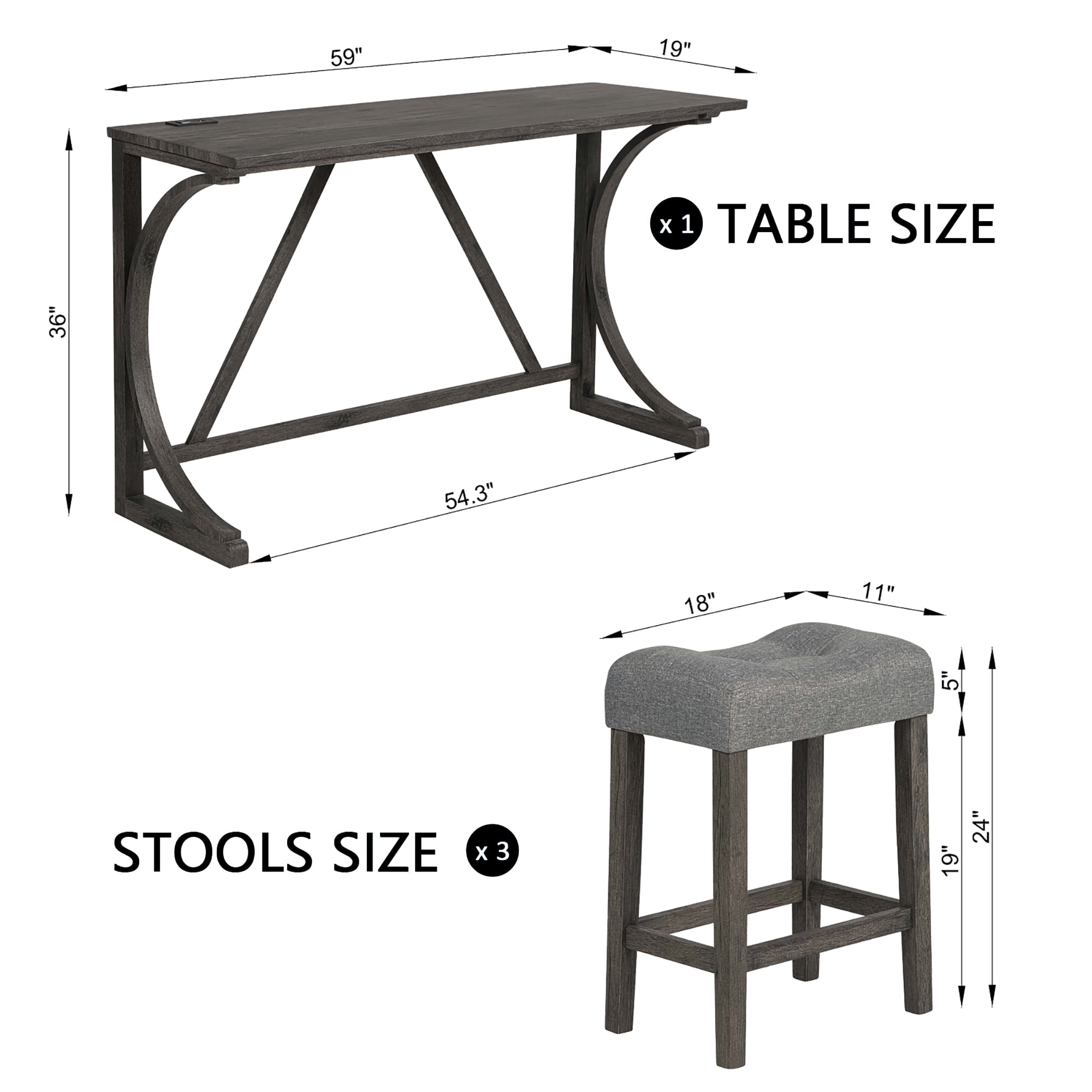 Gewnee 4 Piece Bar Table Set,Counter High Bar Table Set with Power Outlet and 3 Linen Chairs,Industrial Breakfast Table for Kitchen,Living Room.Dark Grey