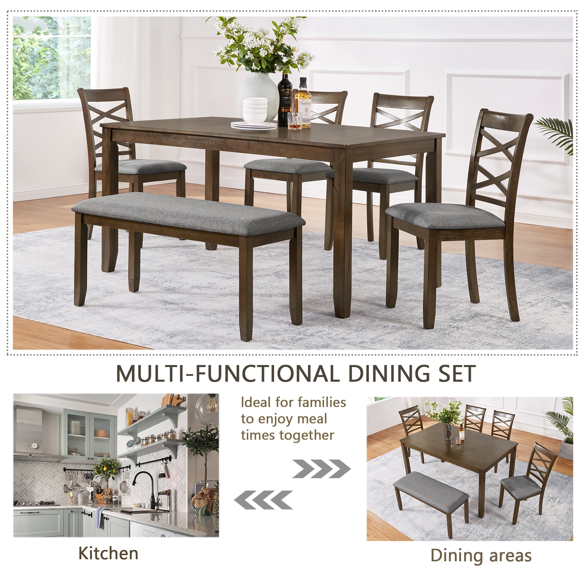 Leumius 6 Piece Kitchen Dining Set,Wood Rectangular Kitchen Table with 4 Upholstered Chairs and a Bench,Dining Table Set for 6 People,Kitchen Dining Table Set for Living Room, Home Bar and Kitchen