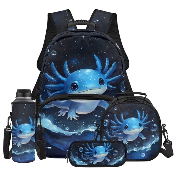 Pzuqiu Galaxy Axolotl School Backpack Set for Boys Girls 17 Inch Durable School Backpack with Lunch Bag Pencil Case Water Bottle Holder Lightweight Bookbag for Elementary