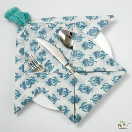 

Carolina Teal And Stone Blue Indian Hand Block Block Floral Printed Cotton Cloth Napkins Set - Cocktail Napkins 20x20 - Dinner Napkins